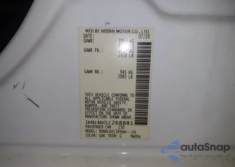 2020 Nissan Altima S Fwd из США, поврежденный, VIN 1N4BL4BV2LC268881